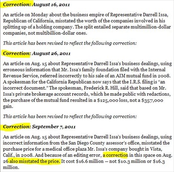 NYT Adds 3 Corrections to Darrell Issa Story, Issa still calling for Retraction