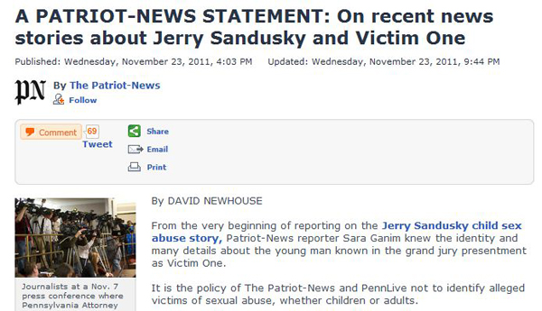 Patriot-News Editor Explains Editorial Criticizing NYT for Giving too much info on Alleged Sandusky Victim