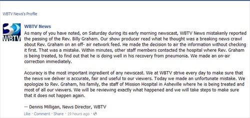 WBTV Apologizes For, Corrects Report that Billy Graham Died