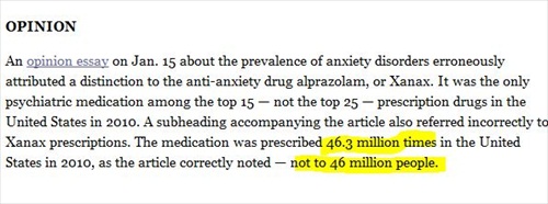 NYTimes Corrects: 46 Million U.S. people not on Xanax
