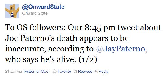 Roundup - Misreporting of Joe Paterno's Death: Corrections, Retractions, Apologies and Social Media