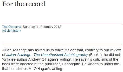 UK Observer Corrects Julian Assange Autobio Review after PCC Complaint