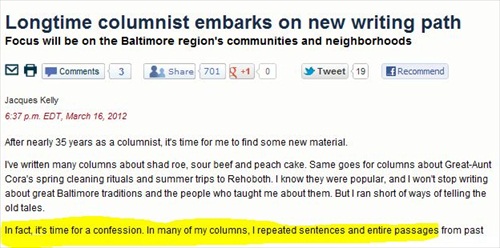 Baltimore Sun Columnist Admits to Self-Plagiarism