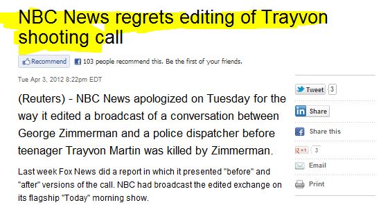 NBC News Criticized for Selective Edit of 911 Call in Trayvon Martin Case, NBC Apologizes