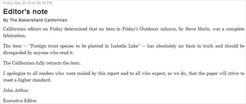 Bakersfield Californian Retracts Fabricated Fishing Column Item, Forbes Unpublishes Fake April Fools Day Story Saying Romney Out of 2012 Presidential Race