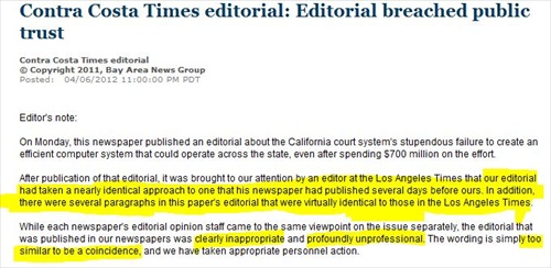 Contra Costa Times Apologizes to LA Times for 'Nearly Identical' Editorial Approach