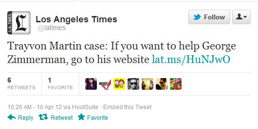 LATimes Changes Story Headline after Tweet Suggests Endorsement of George Zimmerman Fundraising
