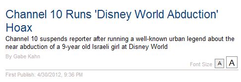 Israel TV News Airs Hoax Story Claiming Israeli Girl Kidnapped at Disney, Retracts Story and Suspends Reporter