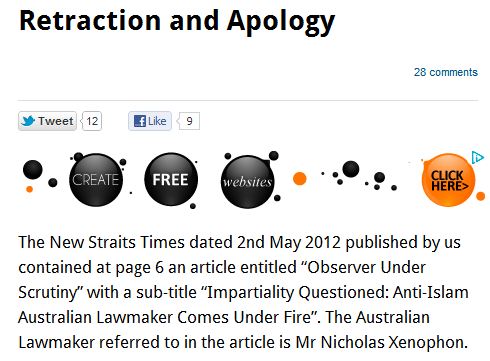 Malaysian Newspaper Apologizes, Retracts Story Reporting Wrong Quote, Politician May Sue for Libel