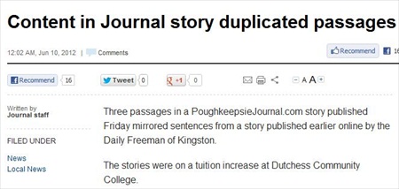 Poughkeepsie Journal Apologizes for Re-Write, Lifting of Daily Freeman Story