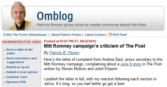 WaPo Ombuds Dismisses Complaints by Mitt Romney Campaign