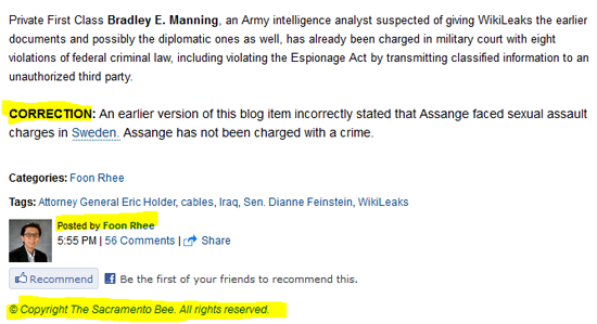 McClatchy corrects 8 stories about Assange in 4 newspapers, Editors not informed