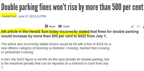 Australia's Herald Sun Retracts Front-Page Story on Parking; News Ltd Papers Sort of Correct Wrong Story on Snacks for Kids