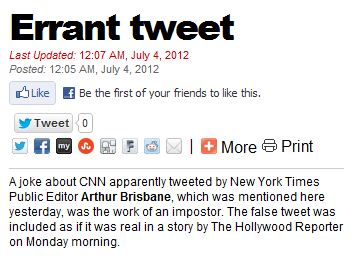 NYPost Reports, Unpublishes Quote from Parody NYT Public Editor Account, Later Calls it 'Errant Tweet'