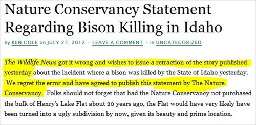 Last Idaho Bison Killed? The Wildlife News Retracts, Apologizes