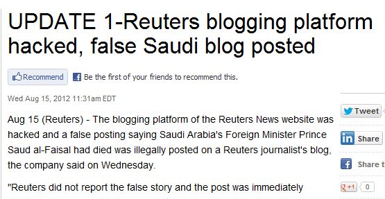 Reuters Hacked Again, Unpublishes Fake Story Claiming Saudi Arabian Politician Died