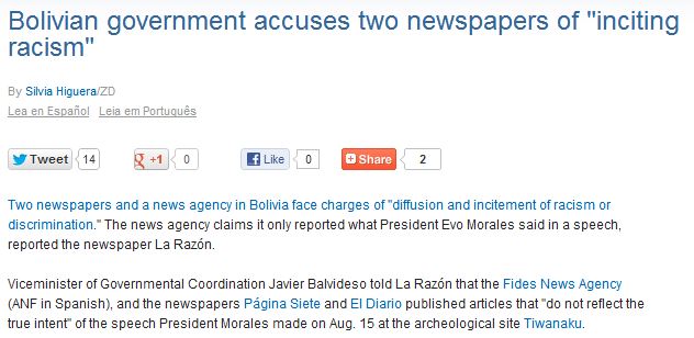 Bolivian News Agency, Newspapers Accused of 'Inciting Racism'