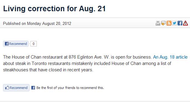 Oops, Restaurant NOT Closed for Business, Toronto Star Corrects