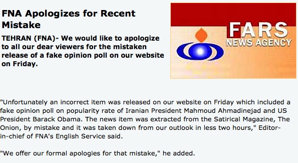 Iran News Agency: Sorry for Lifting Fake Story from the Onion on Obama, Ahmadinejad