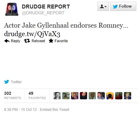 Drudge Report links to, tweets Fake Tweet Endorsing Mitt Romney