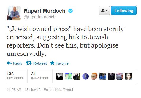 Rupert Murdoch Apologizes for Tweets about 'Jewish Owned Press,' Media Bias