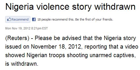 Reuters Retracts Story on Anonymous Source's Video of 'Nigerian Troops Shooting Unarmed Captives'