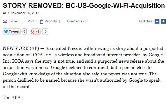 AP Retracts Google/ICOA $400 Million Hoax, Tech Crunch 'Updates'