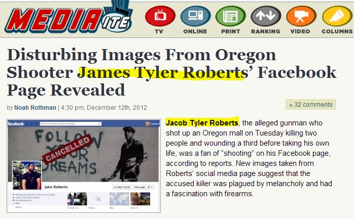 Mediaite Headline had Wrong Name for Accused Oregon Mall Shooter