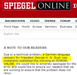 Fmr. Pres. George H.W. Bush Alive, But Der Spiegel Published Obit