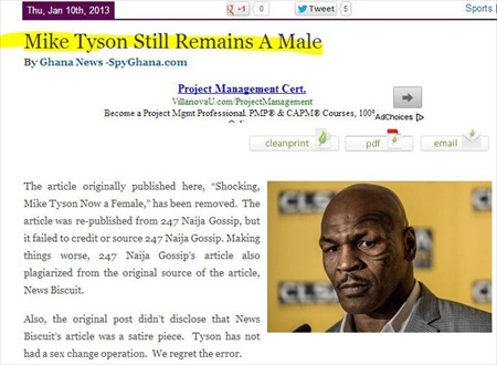 Mike Tyson Sex Change Hoax, Part 2: SpyGhana Lifts without Credit Story, Later Unpublishes & Corrects