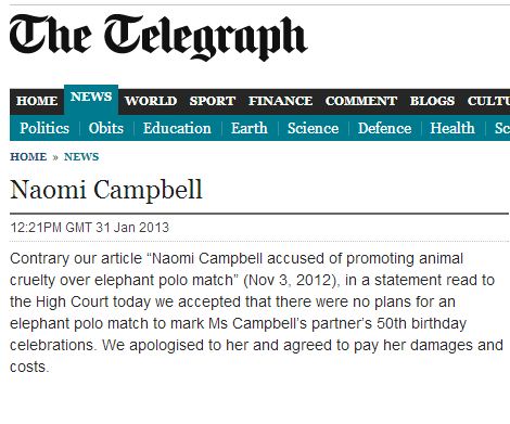  Elephant Polo? UK Telegraph Pays Naomi Campbell Libel $ For Fake Story