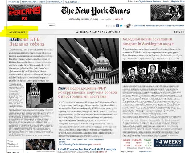 Russian NY Times? Nope! Just a Fake News Ad for FX's the Americans...
