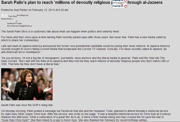 Sarah Palin Joins Al Jazeera? WashPost Duped by Satire Article 