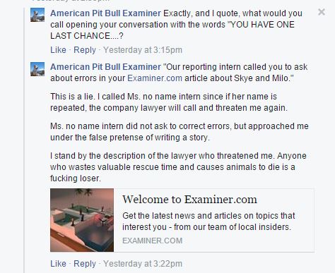 Doubling down after cursing at iMediaEthics' attorney over the phone, Marabito boldly posted an admission on her American Pit Bull Examiner Facebook page that she did, in fact, call the attorney a “fucking loser.” 