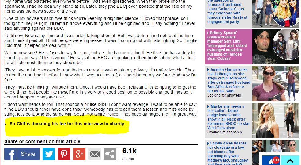 At the bottom of the Daily Mail article the Mail reports that Sir Cliff Richard "is donating" the interview fee to charity. iMediaEthics is attempting to verify this donation. (Credit: Daily Mail, screenshot detail, highlight added).