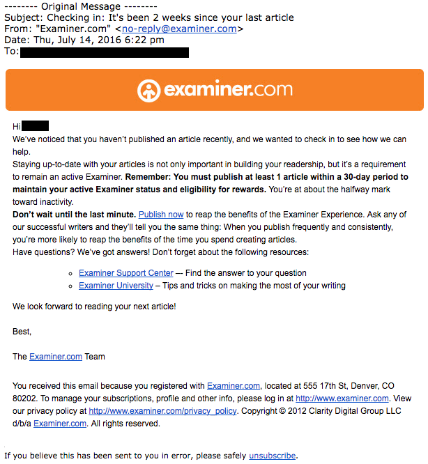 An email the supposedly-defunct Examiner.com sent to contributors, reminding them to publish articles. The email is dated four days after Examiner.com told writers it would be going dark. (Credit: an Examiner.com contributor, screenshot detail) 