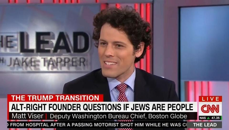 A screenshot of the CNN segment. Matt Viser from the Globe is pictured but not the person who asked "if Jews are people."