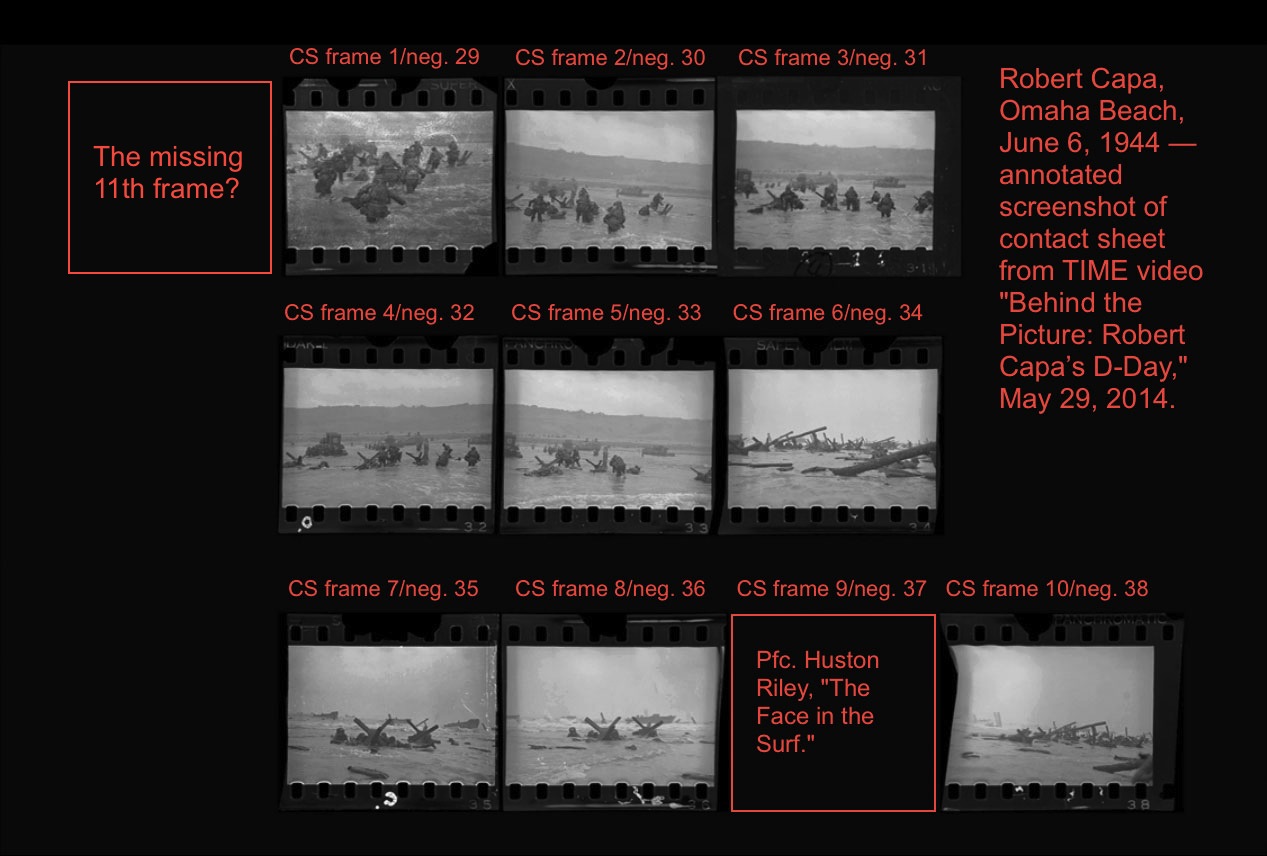 Robert Capa D-Day contact sheet, screenshot from TIME video (May 29, 2014). Annotated by A. D. Coleman.
